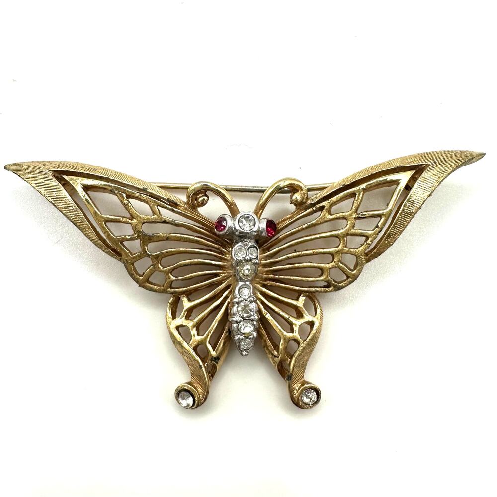 Marcel Boucher vintage gold tone clear red rhinestones butterfly brooch